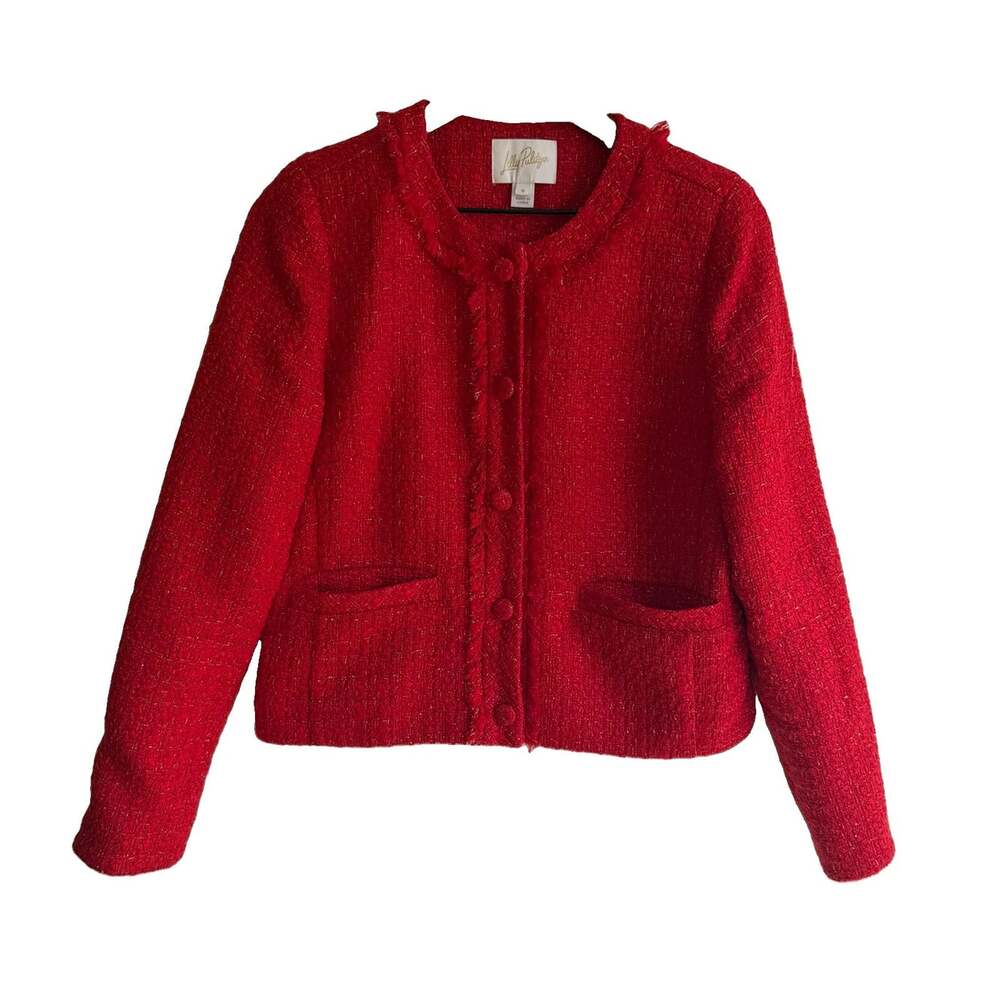 Lilly Pulitzer Red Tweed Boucle Jacket Size 6 Metallic Fringe Trim Button Front